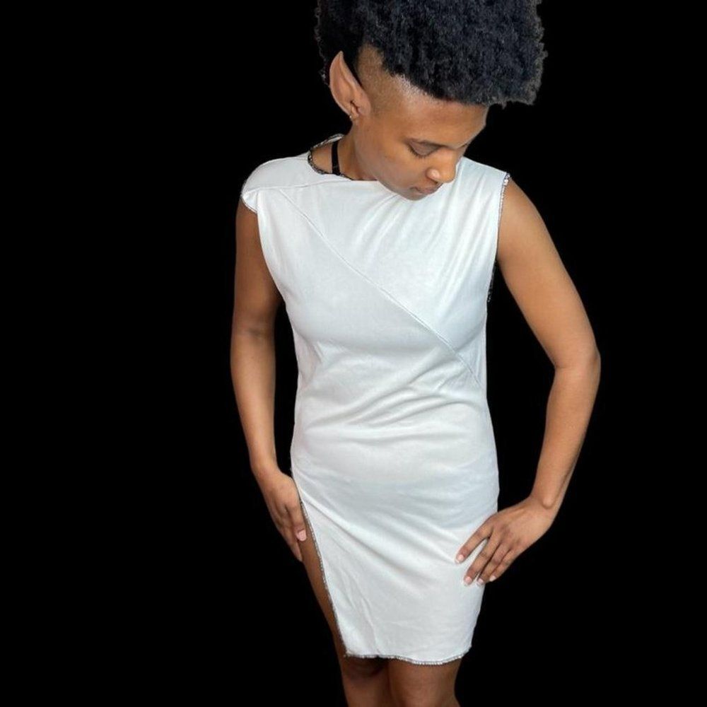 handmade sewn lycra dress open side bikini cover white stretchy asymmetrical